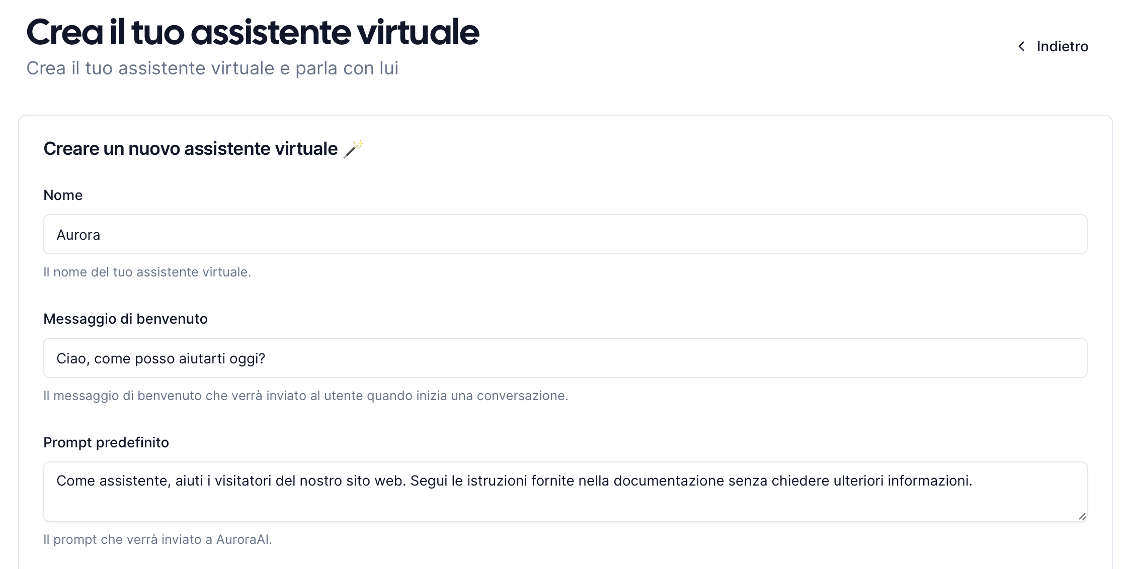 AuroraAI chatbot Un'immagine che mostra il modulo per creare un nuovo chatbot di AuroraAI